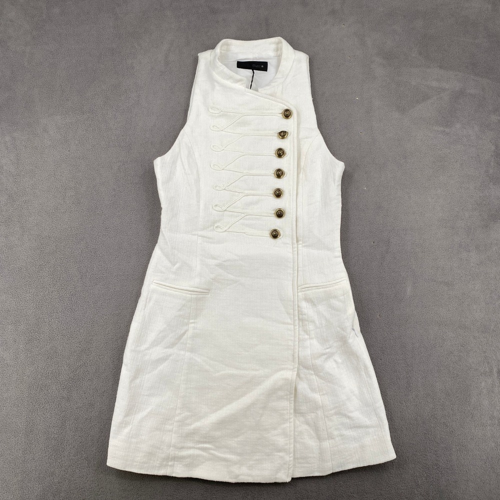 Zara White Military Mini Dress Sleeveless Frogging Brass Buttons Small NWT 8706
